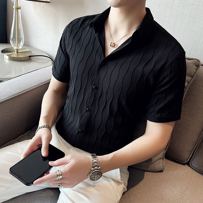 Summer Mens Slim-fit Short-sleeve Shirt With A Wave Pattern