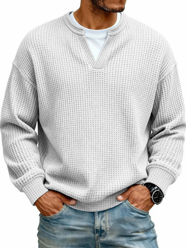 Simple Waffle-Weave Mock Two-Piece Casual Long-Sleeve T-Shirt