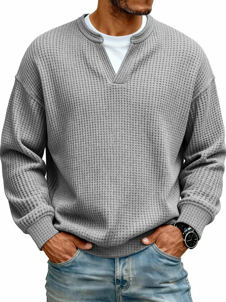 Simple Waffle-Weave Mock Two-Piece Casual Long-Sleeve T-Shirt