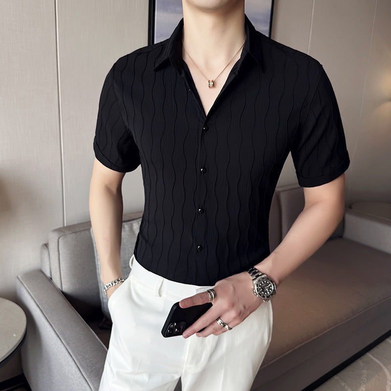 Summer Mens Slim-fit Short-sleeve Shirt With A Wave Pattern
