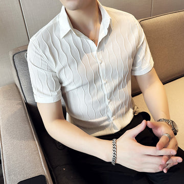 Summer Mens Slim-fit Short-sleeve Shirt With A Wave Pattern