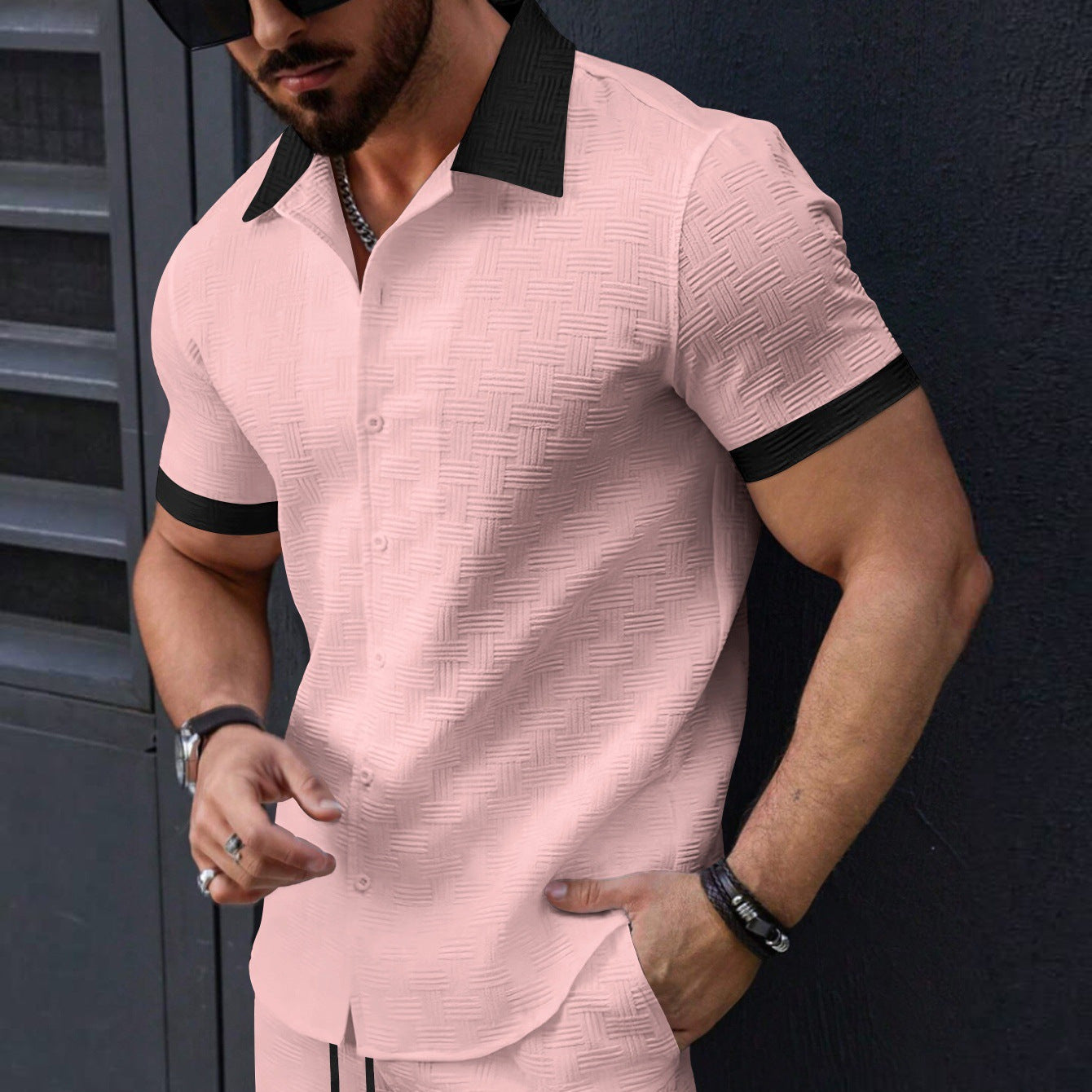 Stylish Mens Jacquard Color-block Casual Short-sleeve Shirt