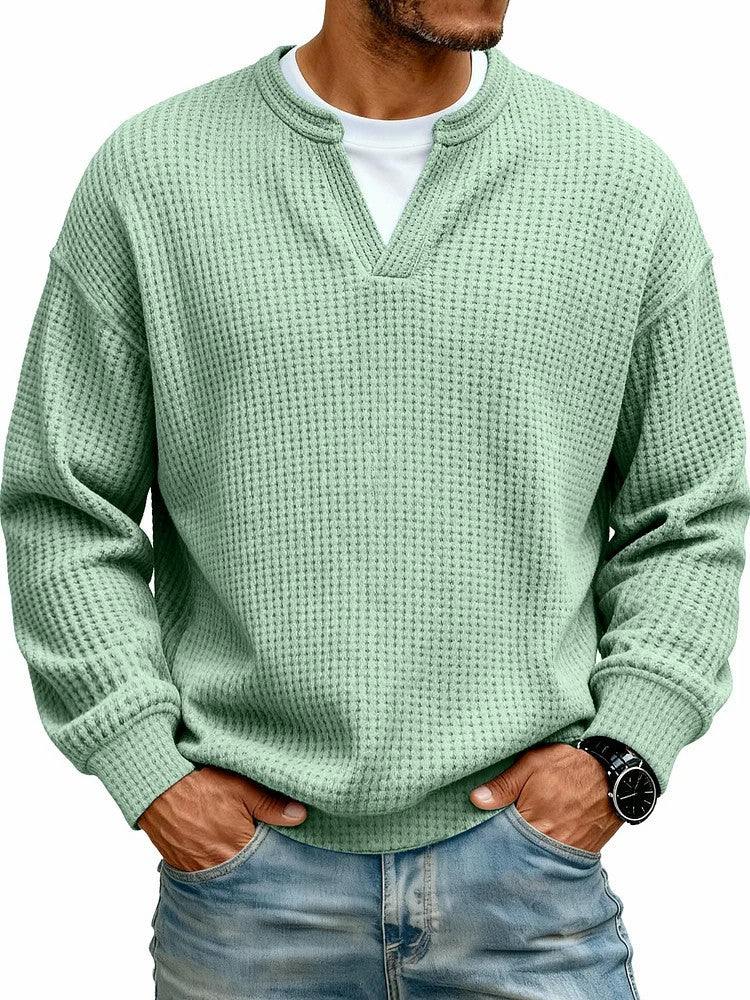 Simple Waffle-Weave Mock Two-Piece Casual Long-Sleeve T-Shirt