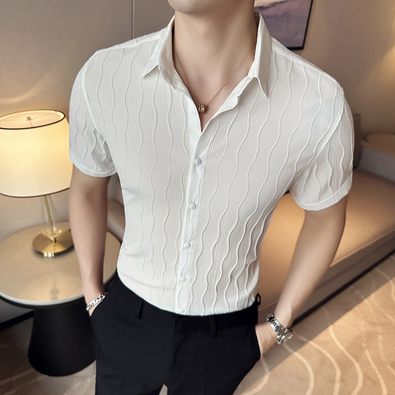 Summer Mens Slim-fit Short-sleeve Shirt With A Wave Pattern